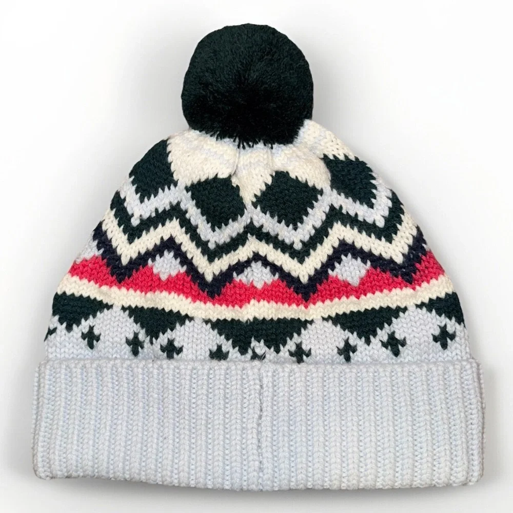 TORY BURCH Wintery‎ Fair Isle Hat Merino Wool Pom Pom Beanie Blue Green Pink OS